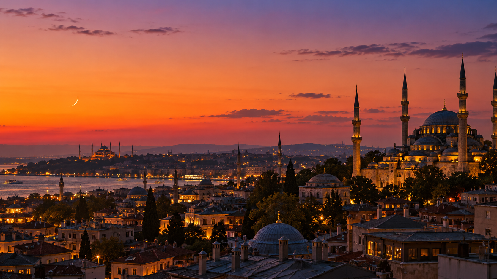 Gün batımında ufukta ince hilal ve minareler