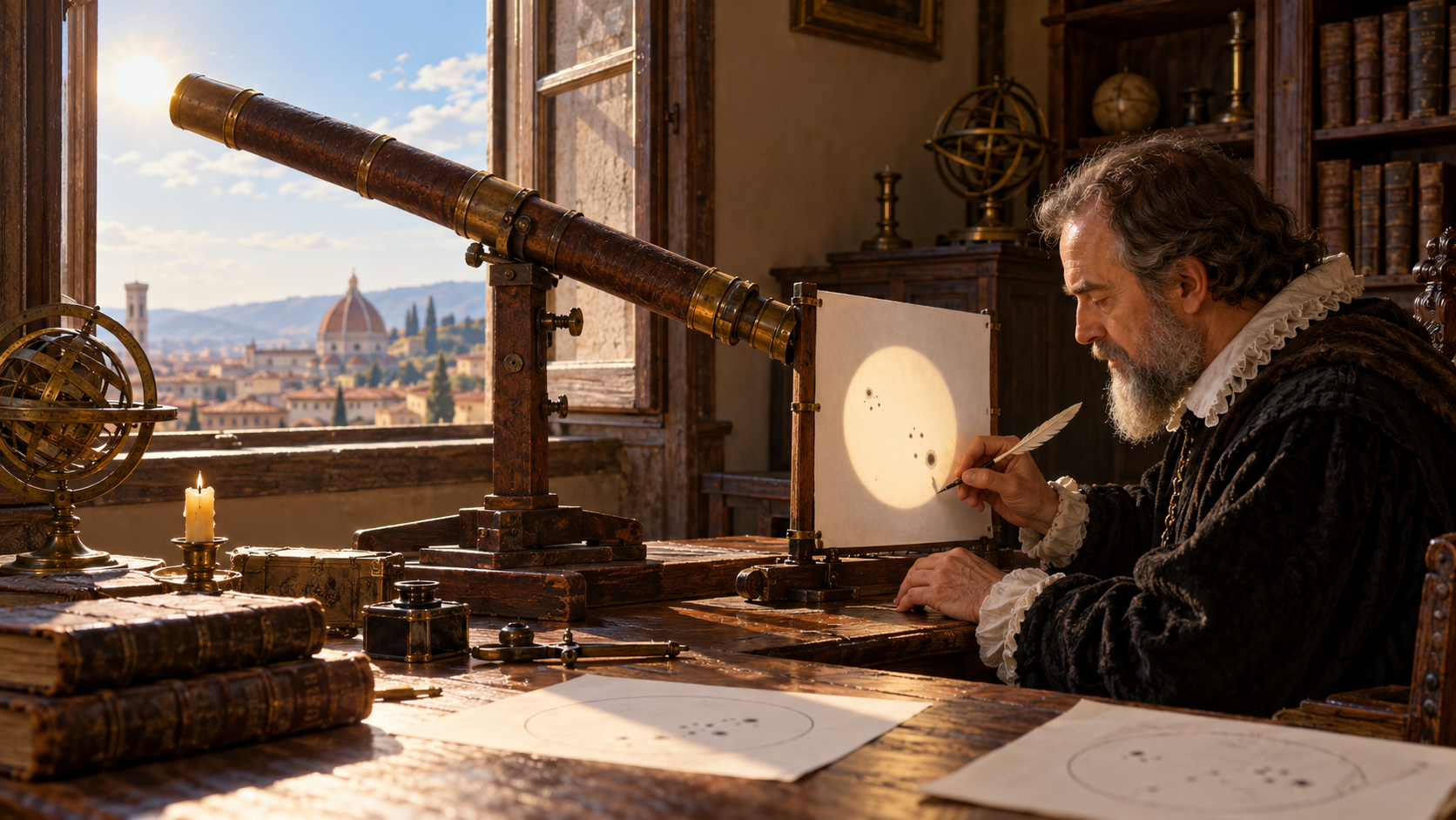 Galileo teleskopla Güneş'in görüntüsünü kâğıda yansıtıp lekeleri çiziyor