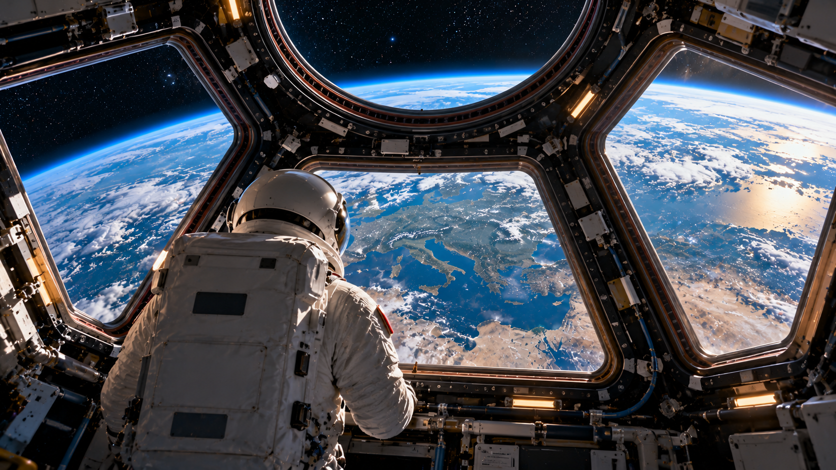 Uzay istasyonundan Dünya'ya bakan astronot